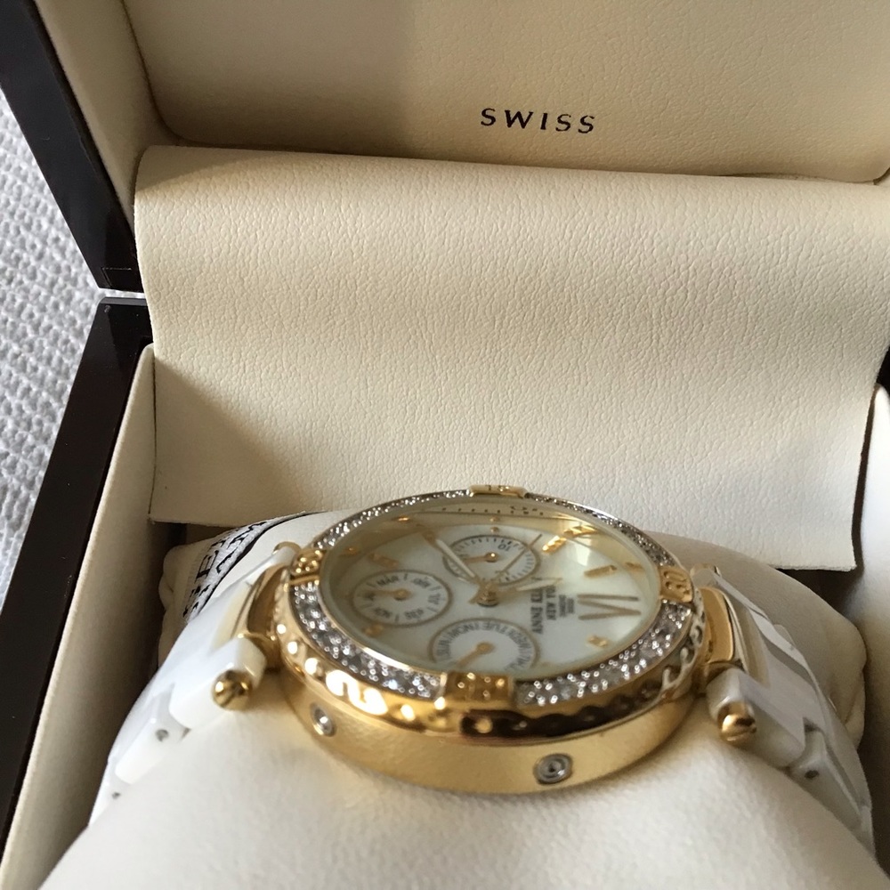 Anne Klein Swiss genuine diamond gold tone white ceramic mother of pearl watch - Picture 5 of 12